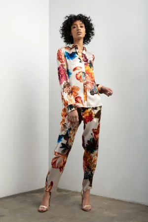 Long Sleeve Blouse   Ivory Bouquet Stretch Silk