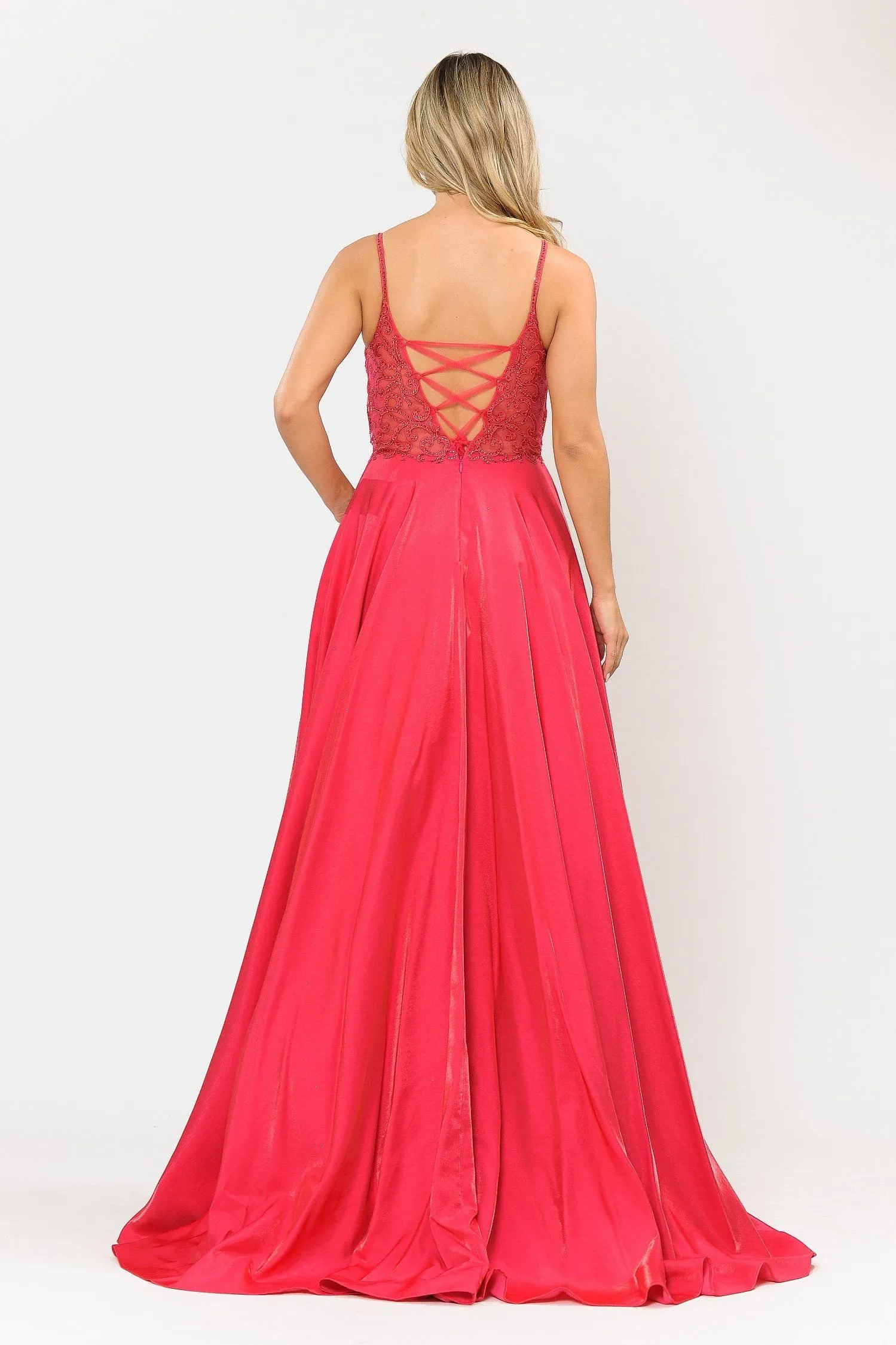 Long V-Neck Dress with Embroidered Bodice by Poly USA 8576