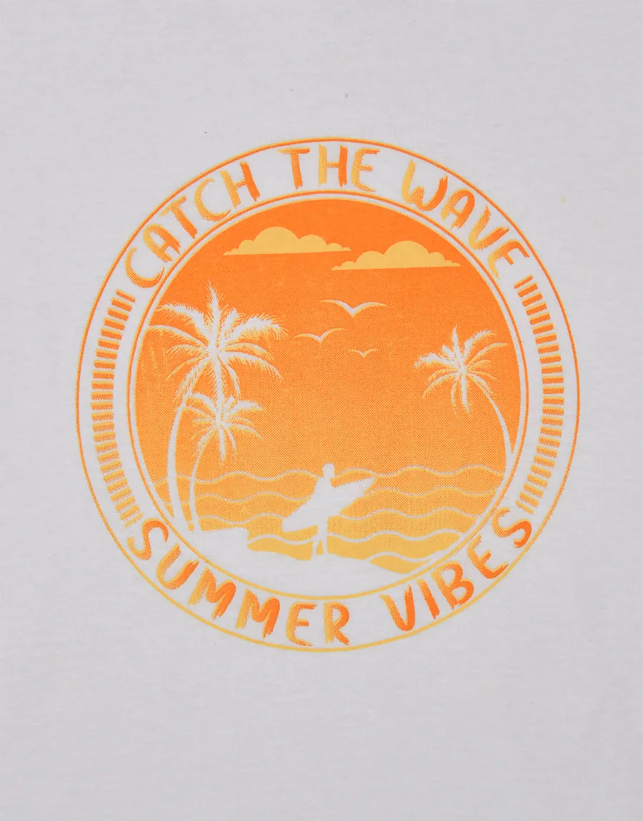 M-17 Men's Essential Catch The Wave Printed Crew Neck Tee Shirt Single Jersey-White