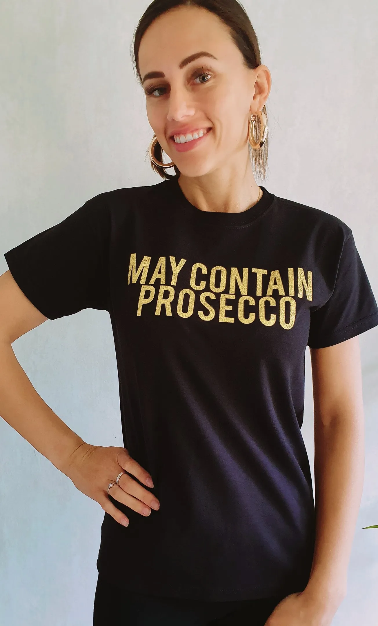 May Contain Prosecco Gold Glitter Slogan Tee In Black