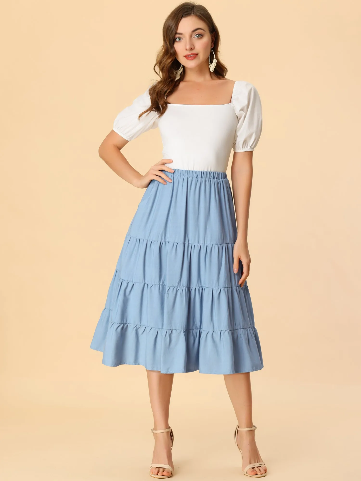 Midi Solid Elastic Waist Flare Tiered Long Pockets A-Line Skirt