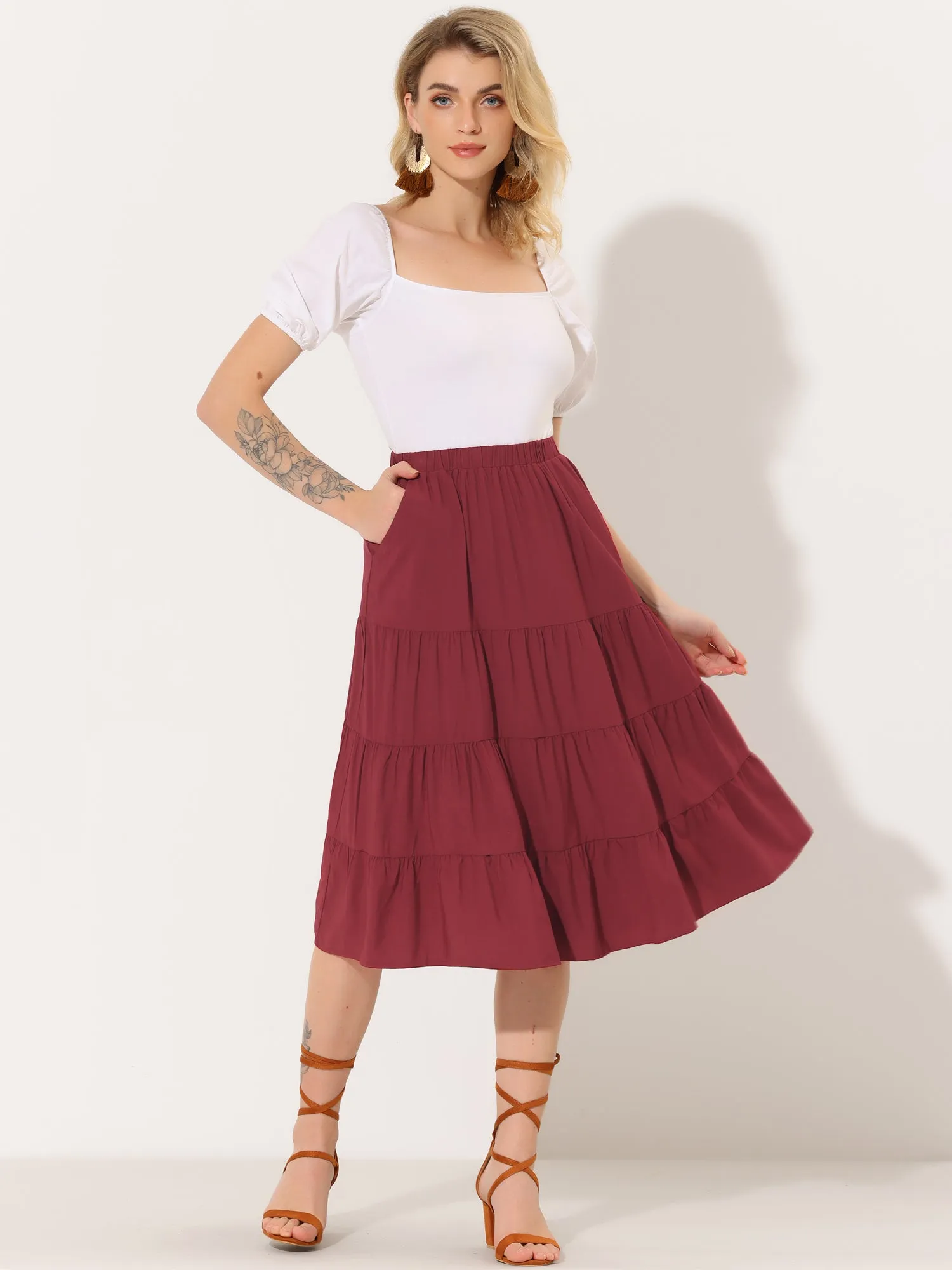 Midi Solid Elastic Waist Flare Tiered Long Pockets A-Line Skirt