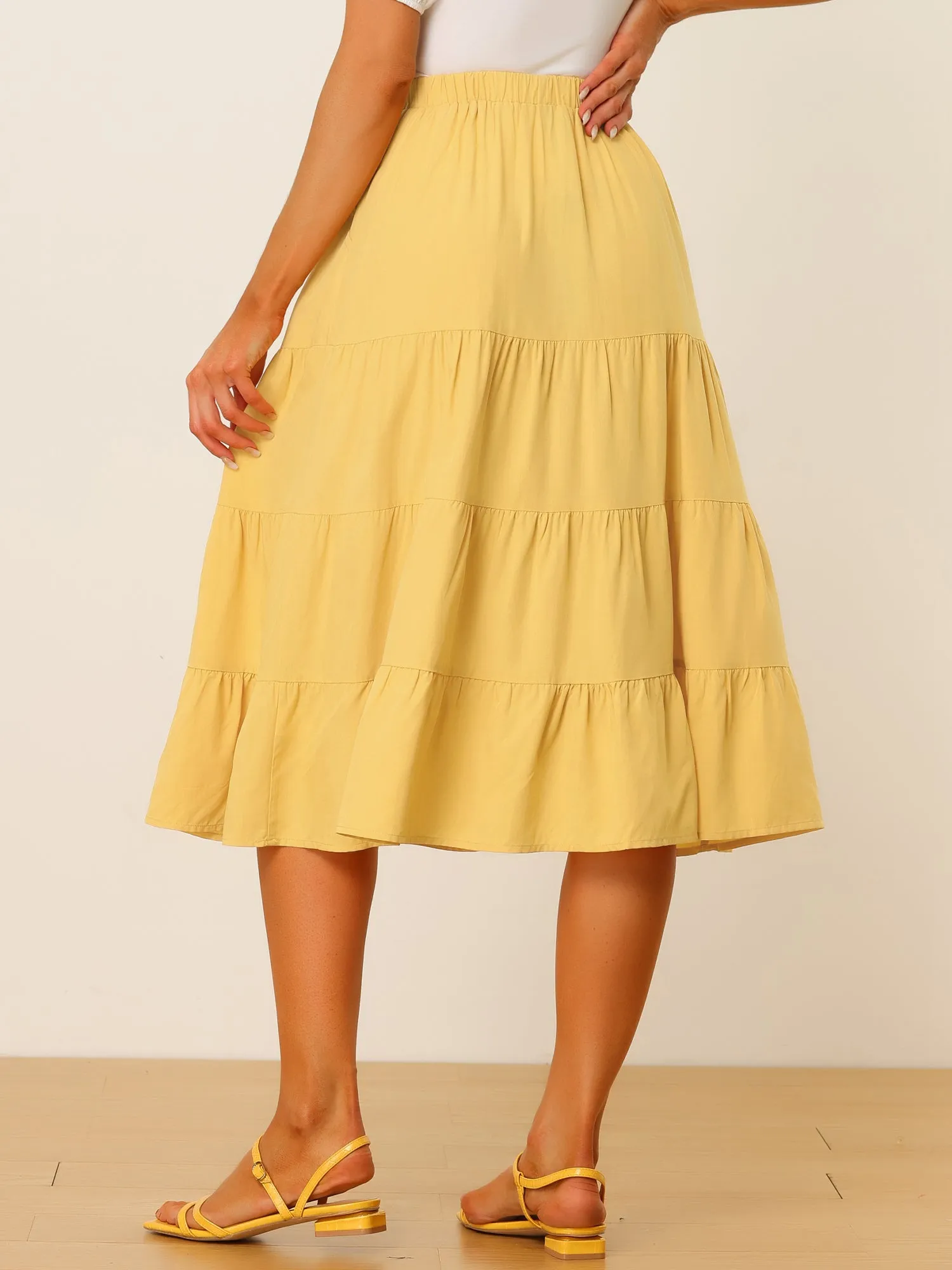 Midi Solid Elastic Waist Flare Tiered Long Pockets A-Line Skirt