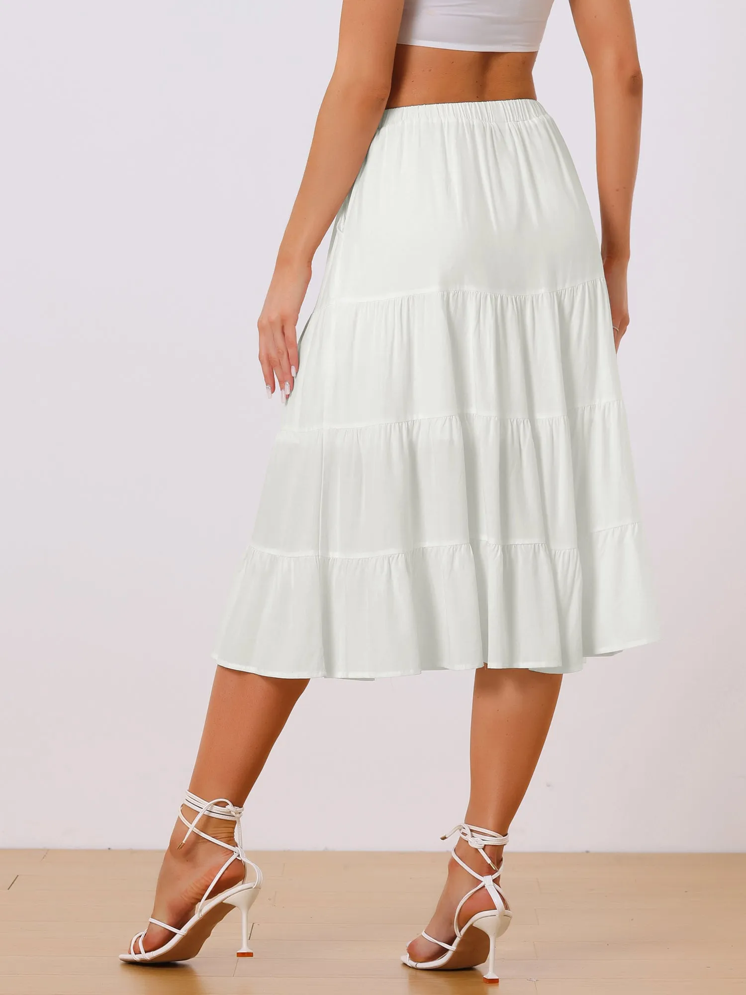 Midi Solid Elastic Waist Flare Tiered Long Pockets A-Line Skirt