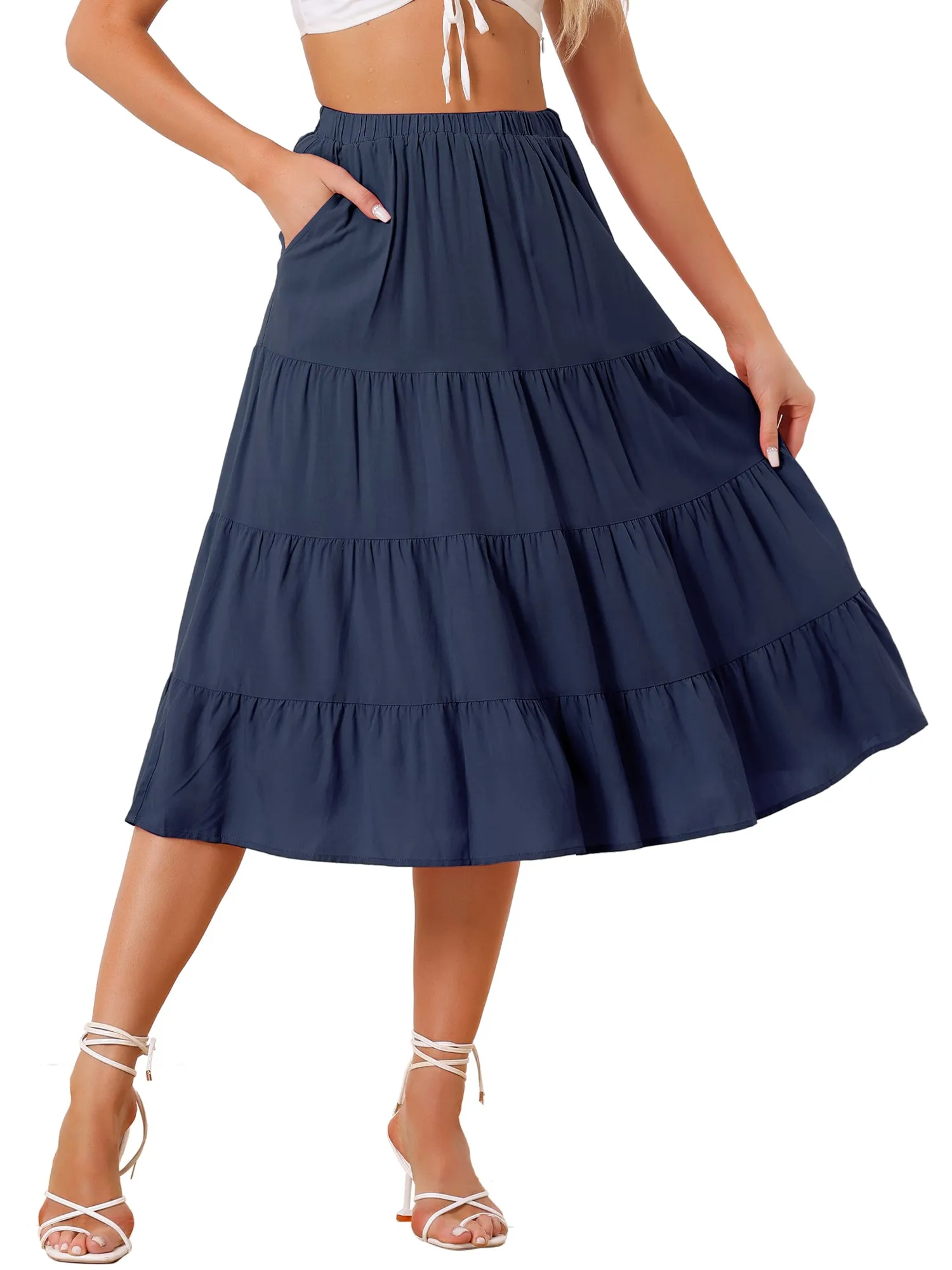 Midi Solid Elastic Waist Flare Tiered Long Pockets A-Line Skirt