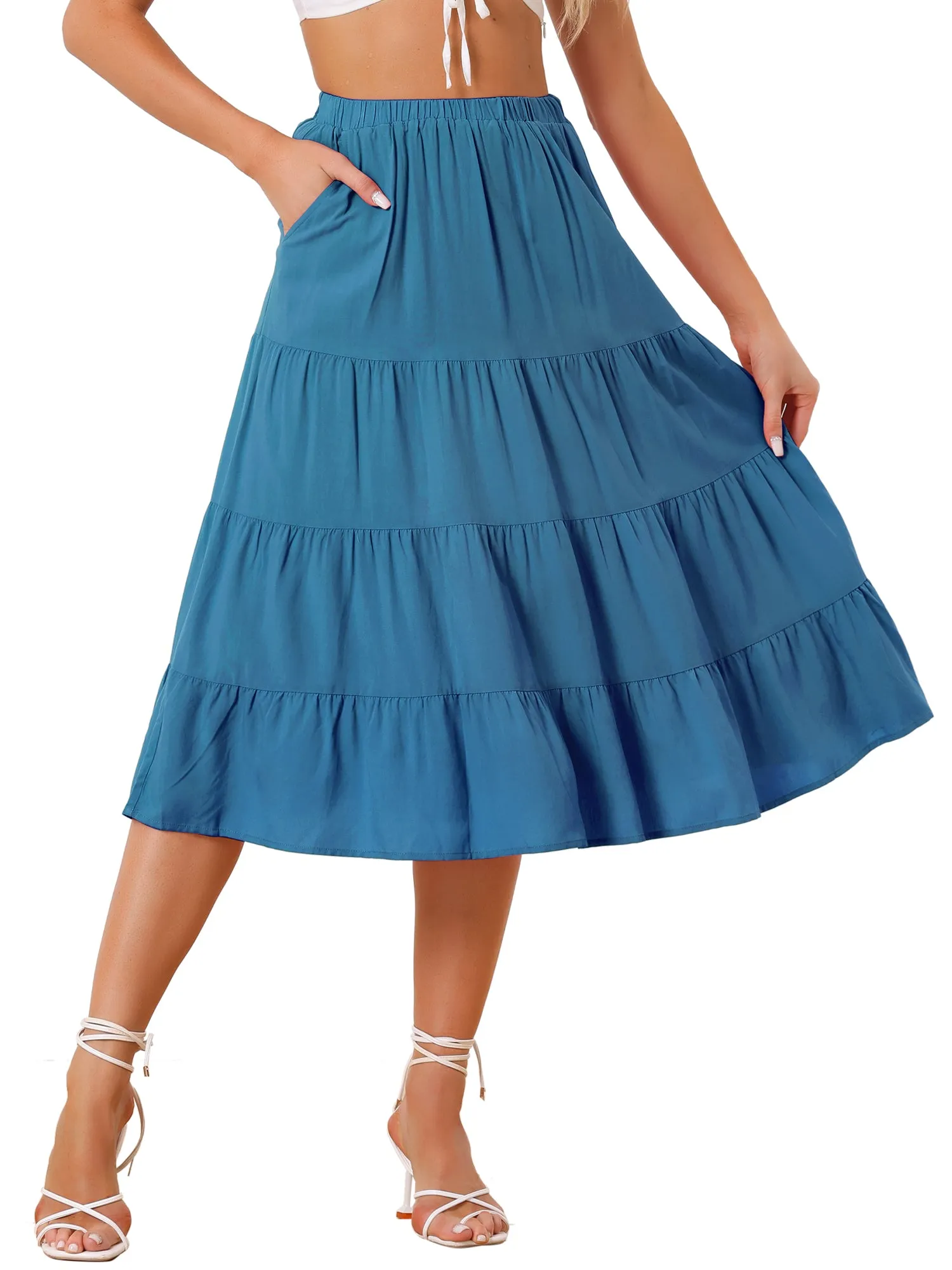 Midi Solid Elastic Waist Flare Tiered Long Pockets A-Line Skirt