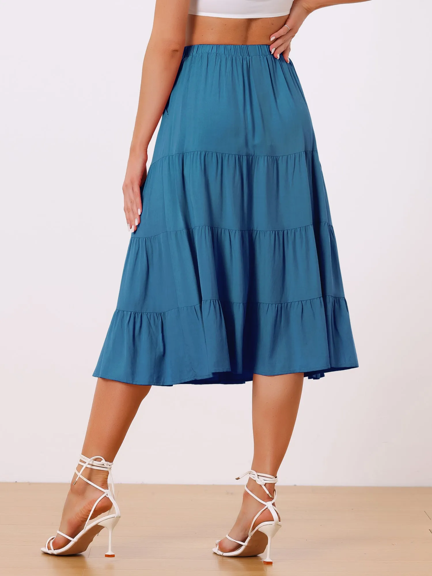 Midi Solid Elastic Waist Flare Tiered Long Pockets A-Line Skirt