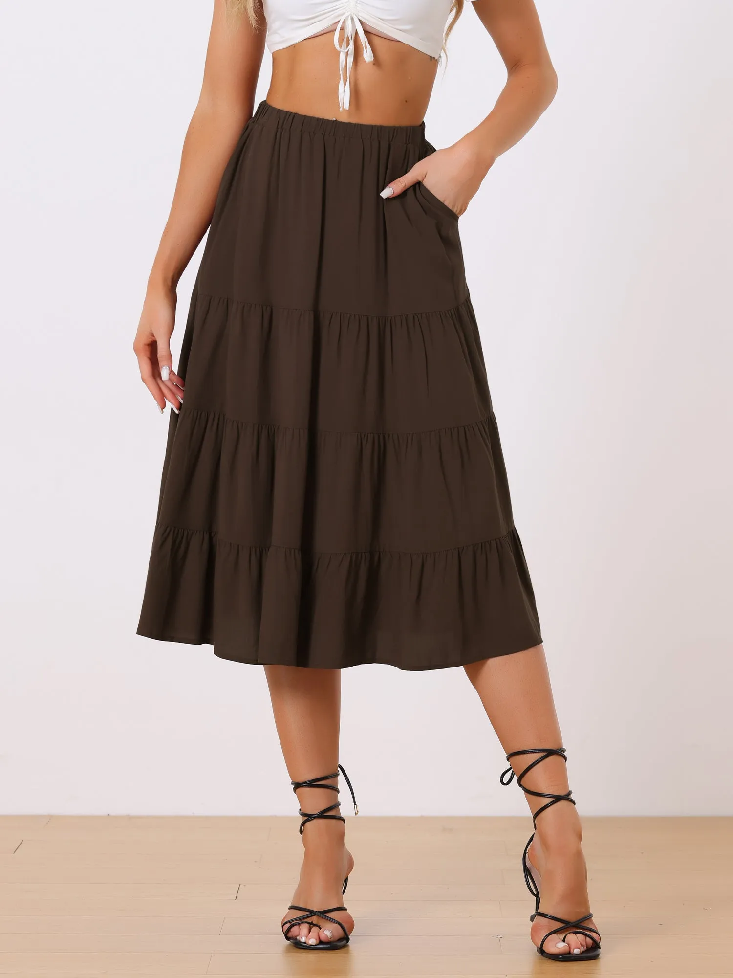 Midi Solid Elastic Waist Flare Tiered Long Pockets A-Line Skirt