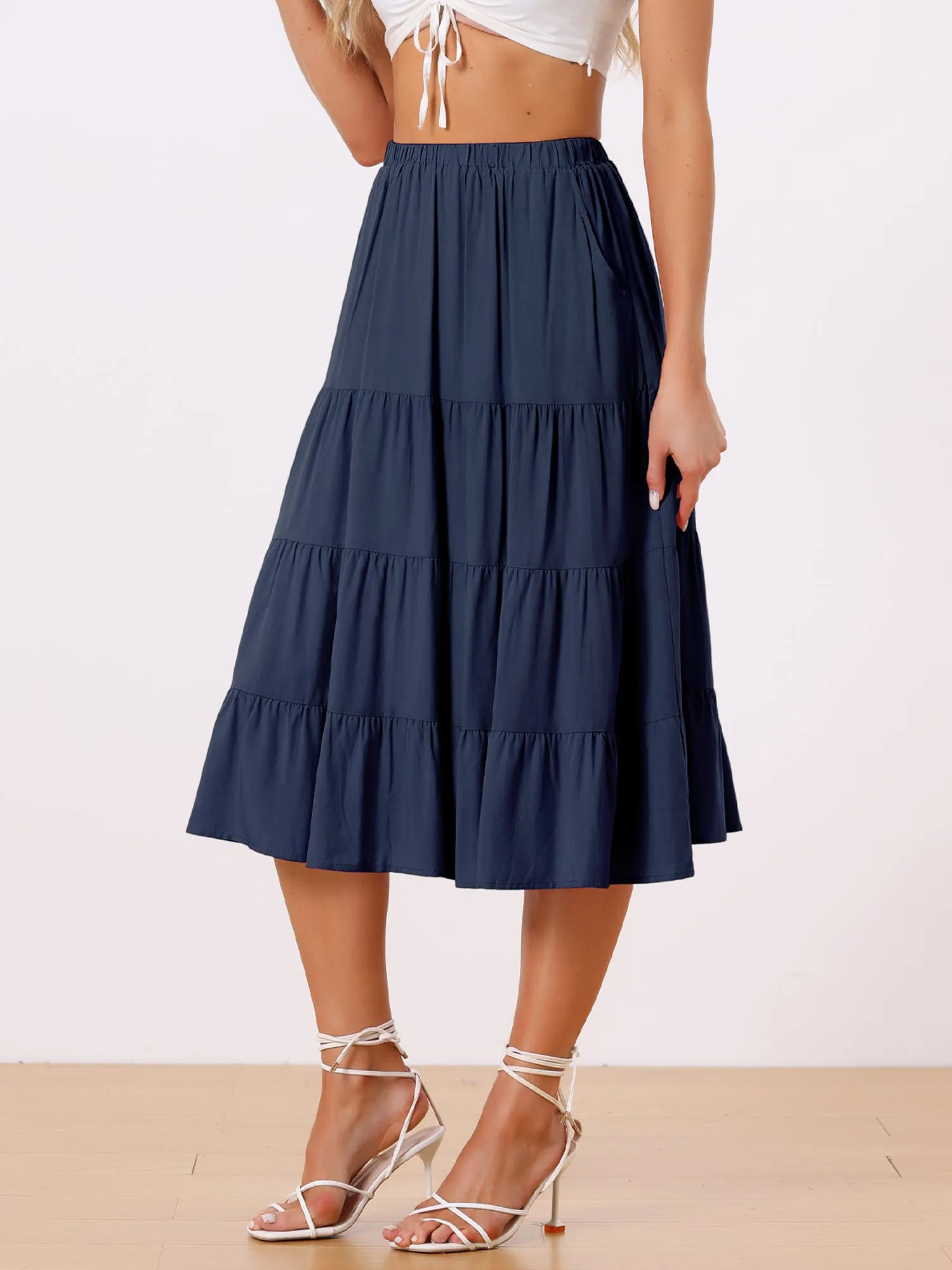 Midi Solid Elastic Waist Flare Tiered Long Pockets A-Line Skirt