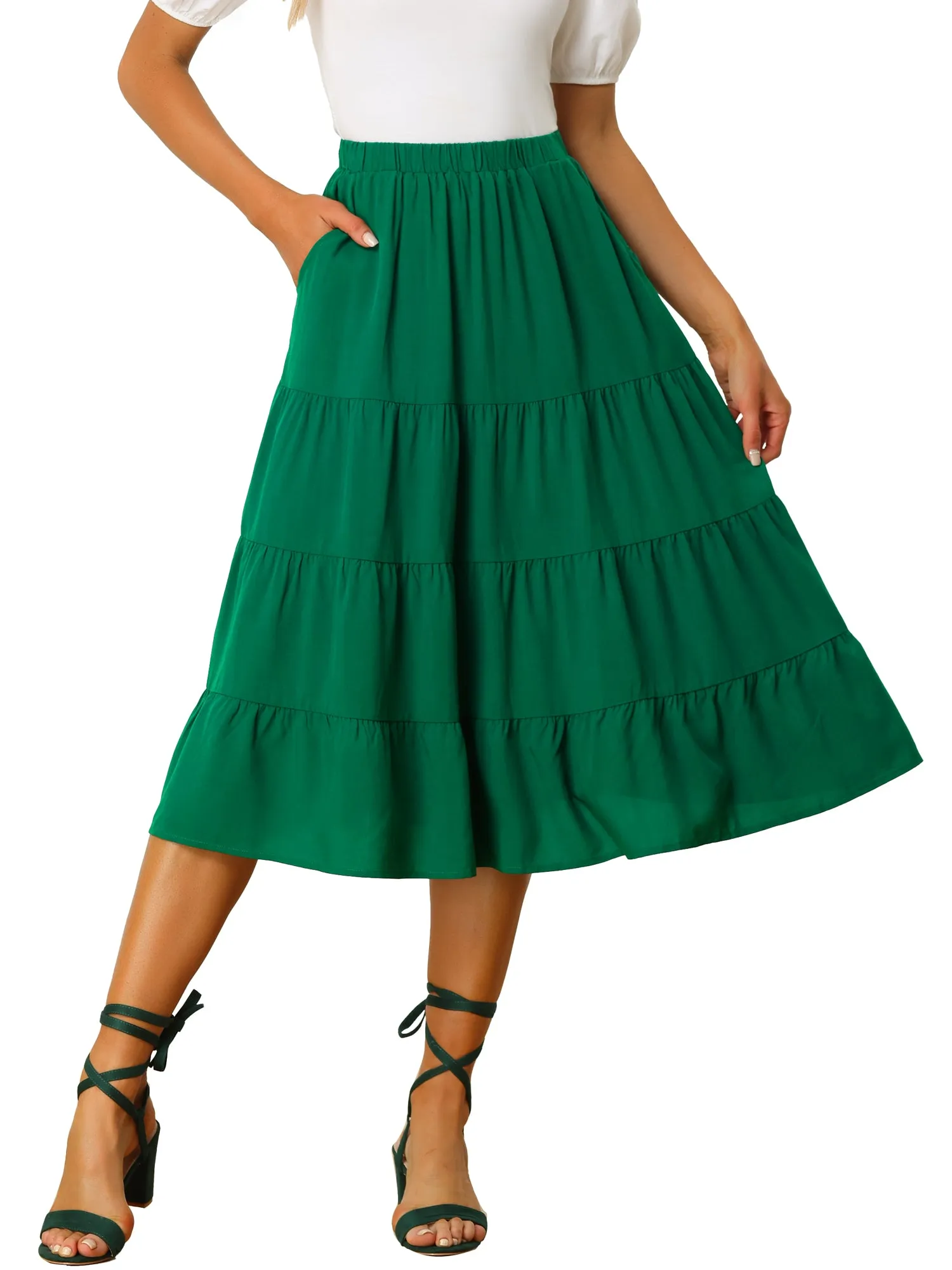 Midi Solid Elastic Waist Flare Tiered Long Pockets A-Line Skirt