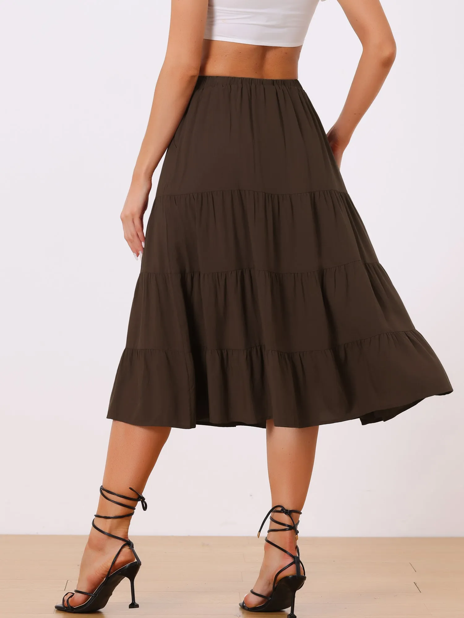 Midi Solid Elastic Waist Flare Tiered Long Pockets A-Line Skirt