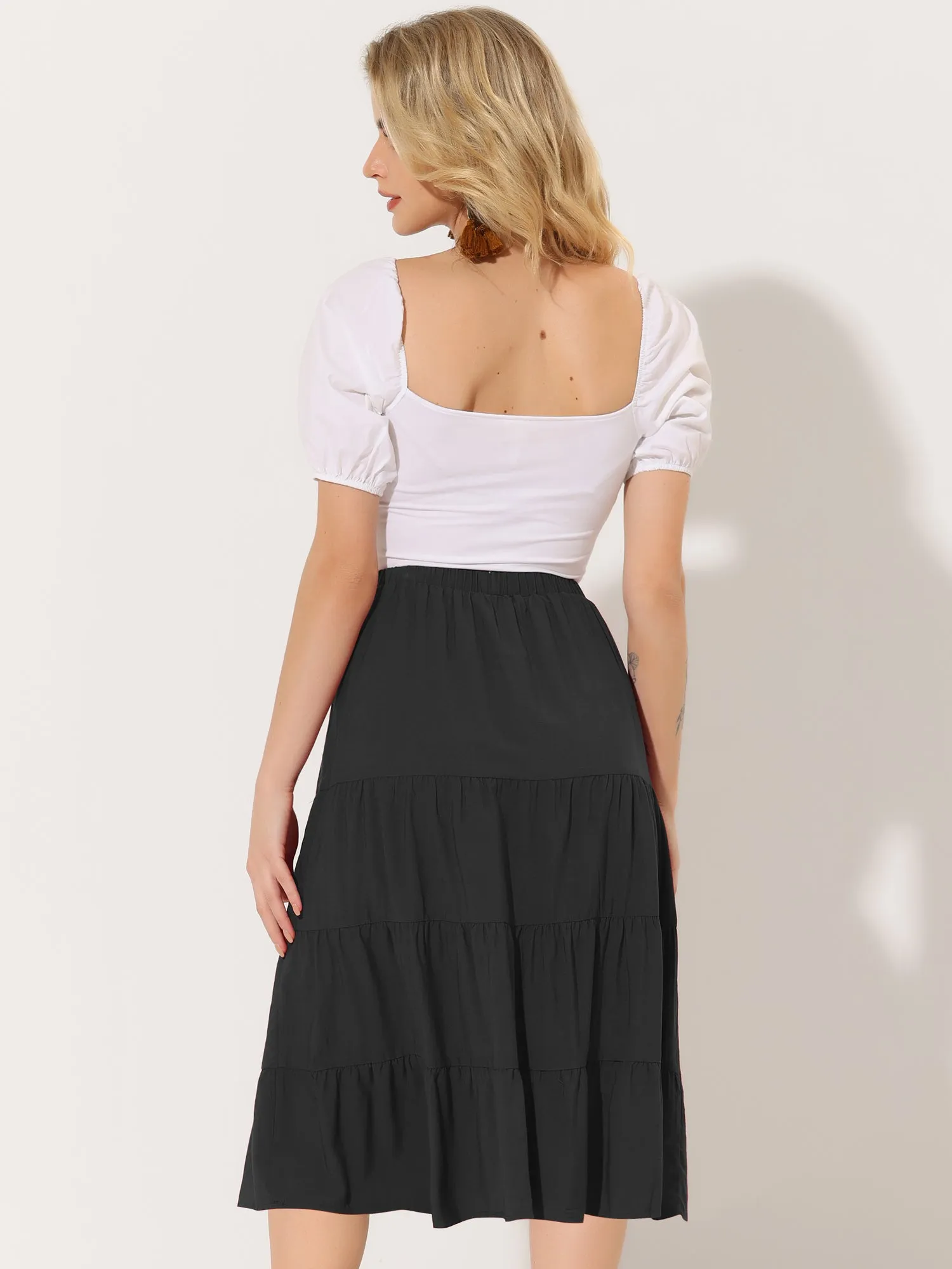 Midi Solid Elastic Waist Flare Tiered Long Pockets A-Line Skirt
