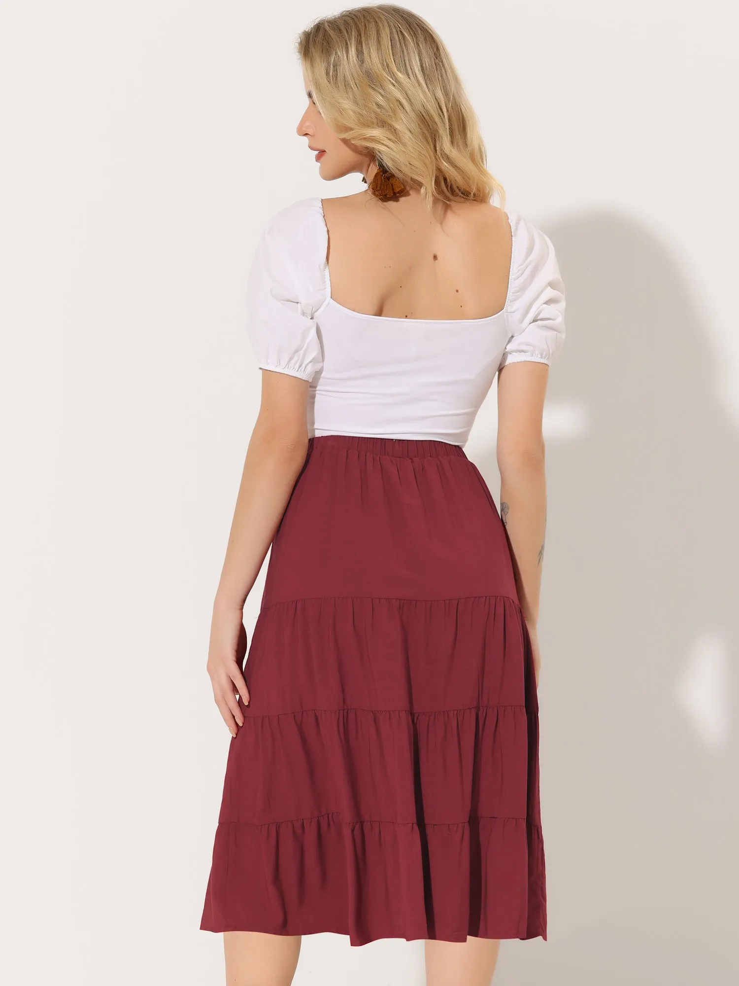 Midi Solid Elastic Waist Flare Tiered Long Pockets A-Line Skirt