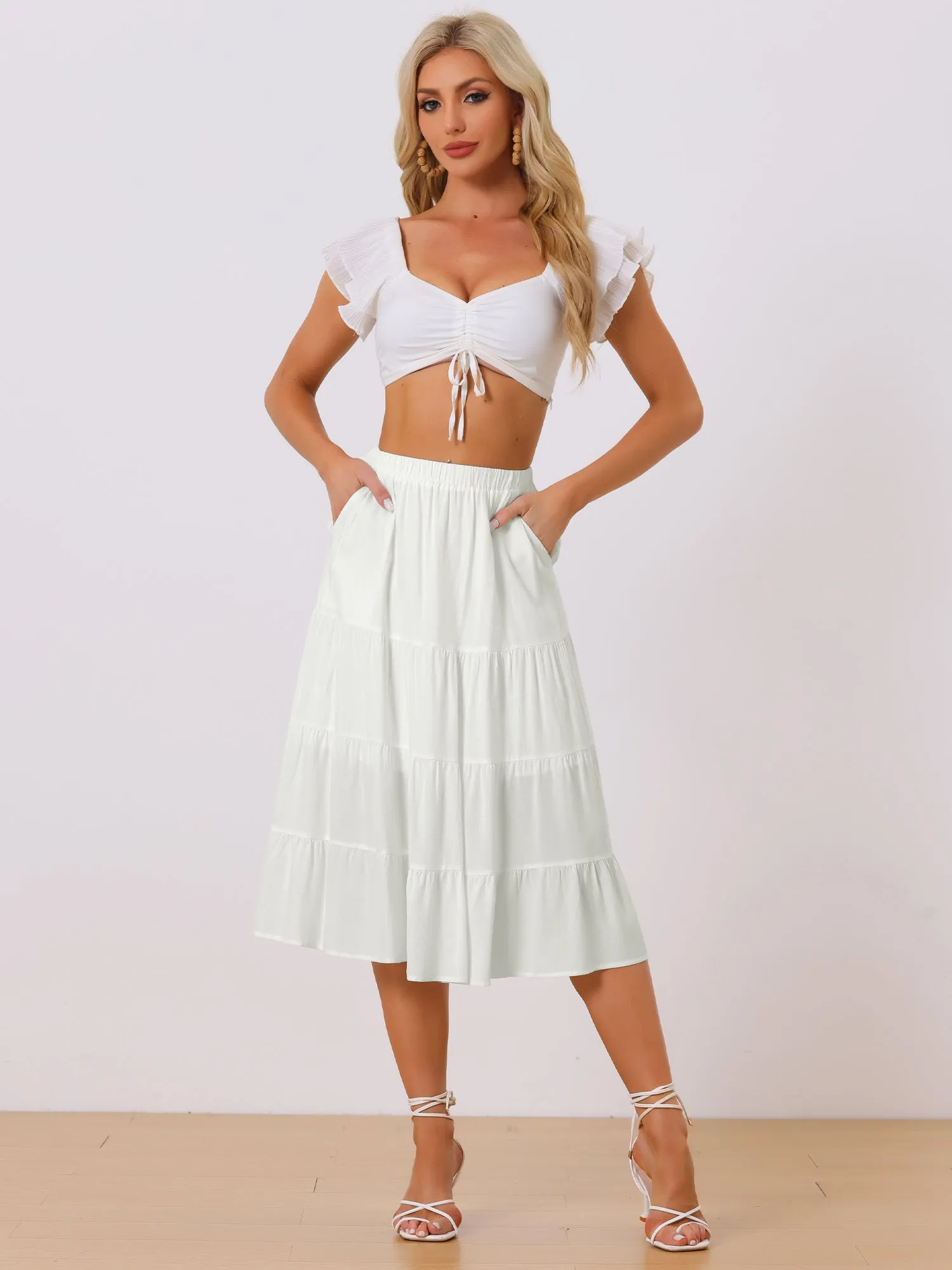 Midi Solid Elastic Waist Flare Tiered Long Pockets A-Line Skirt