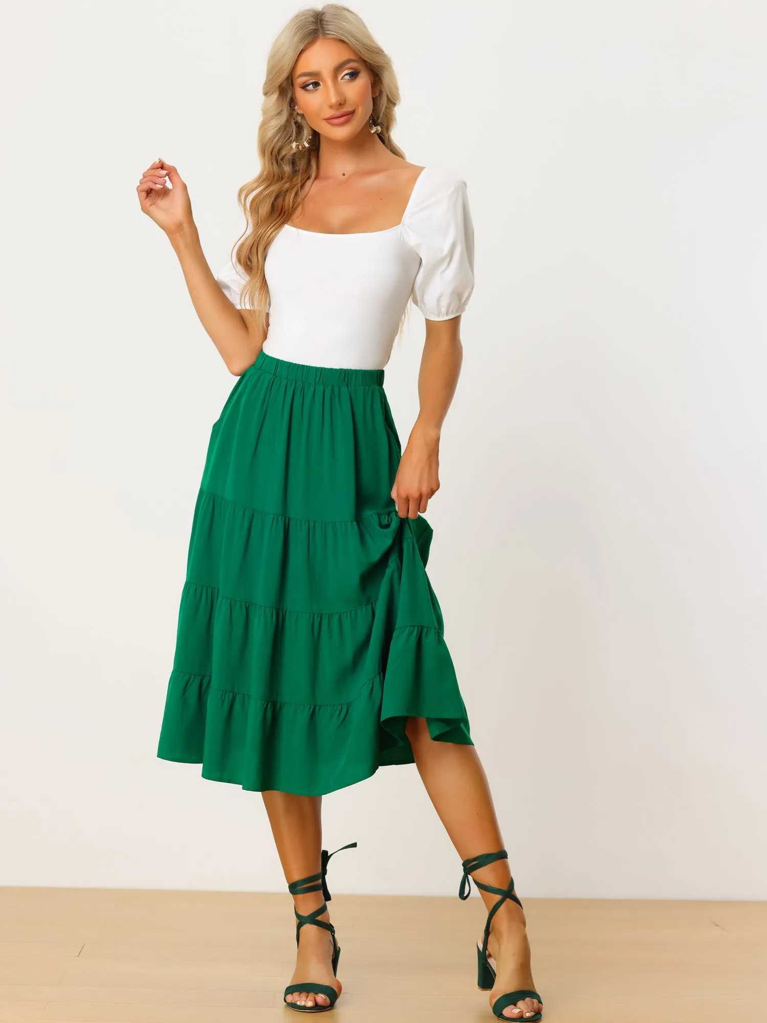 Midi Solid Elastic Waist Flare Tiered Long Pockets A-Line Skirt