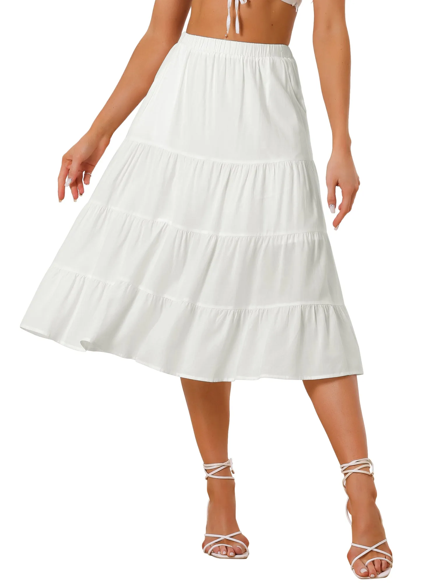 Midi Solid Elastic Waist Flare Tiered Long Pockets A-Line Skirt