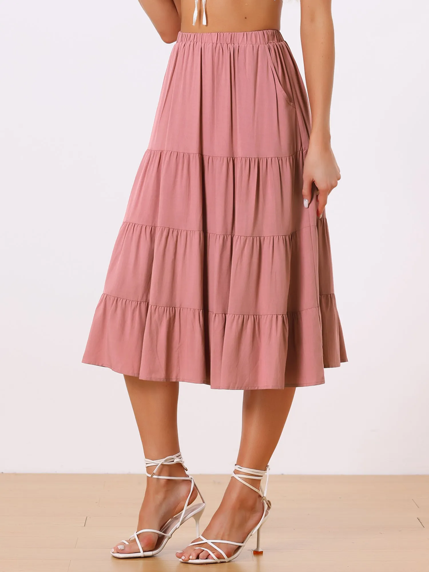 Midi Solid Elastic Waist Flare Tiered Long Pockets A-Line Skirt