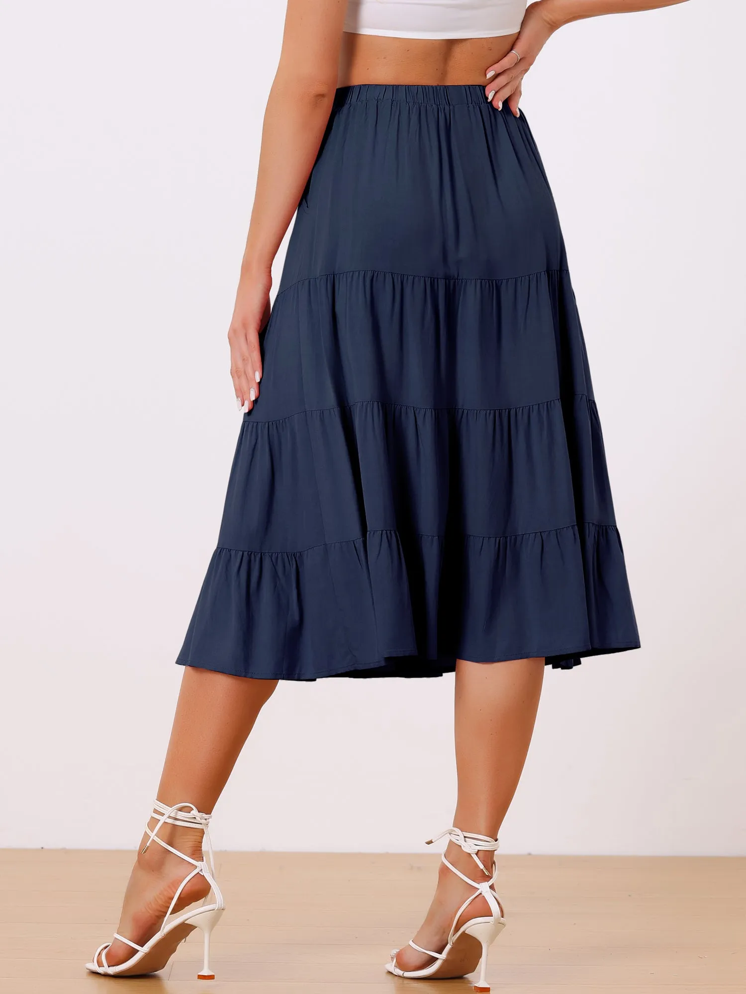 Midi Solid Elastic Waist Flare Tiered Long Pockets A-Line Skirt