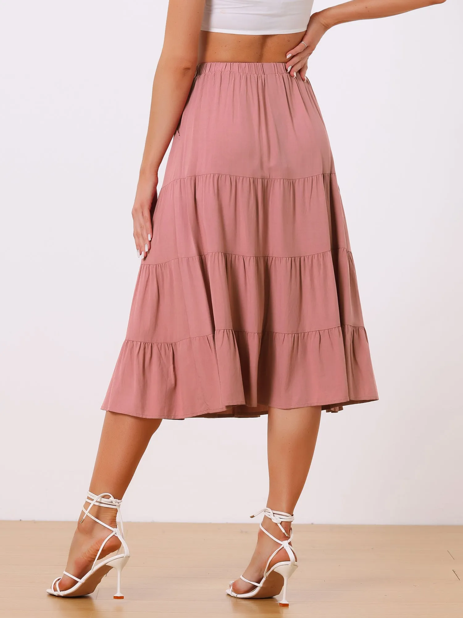 Midi Solid Elastic Waist Flare Tiered Long Pockets A-Line Skirt