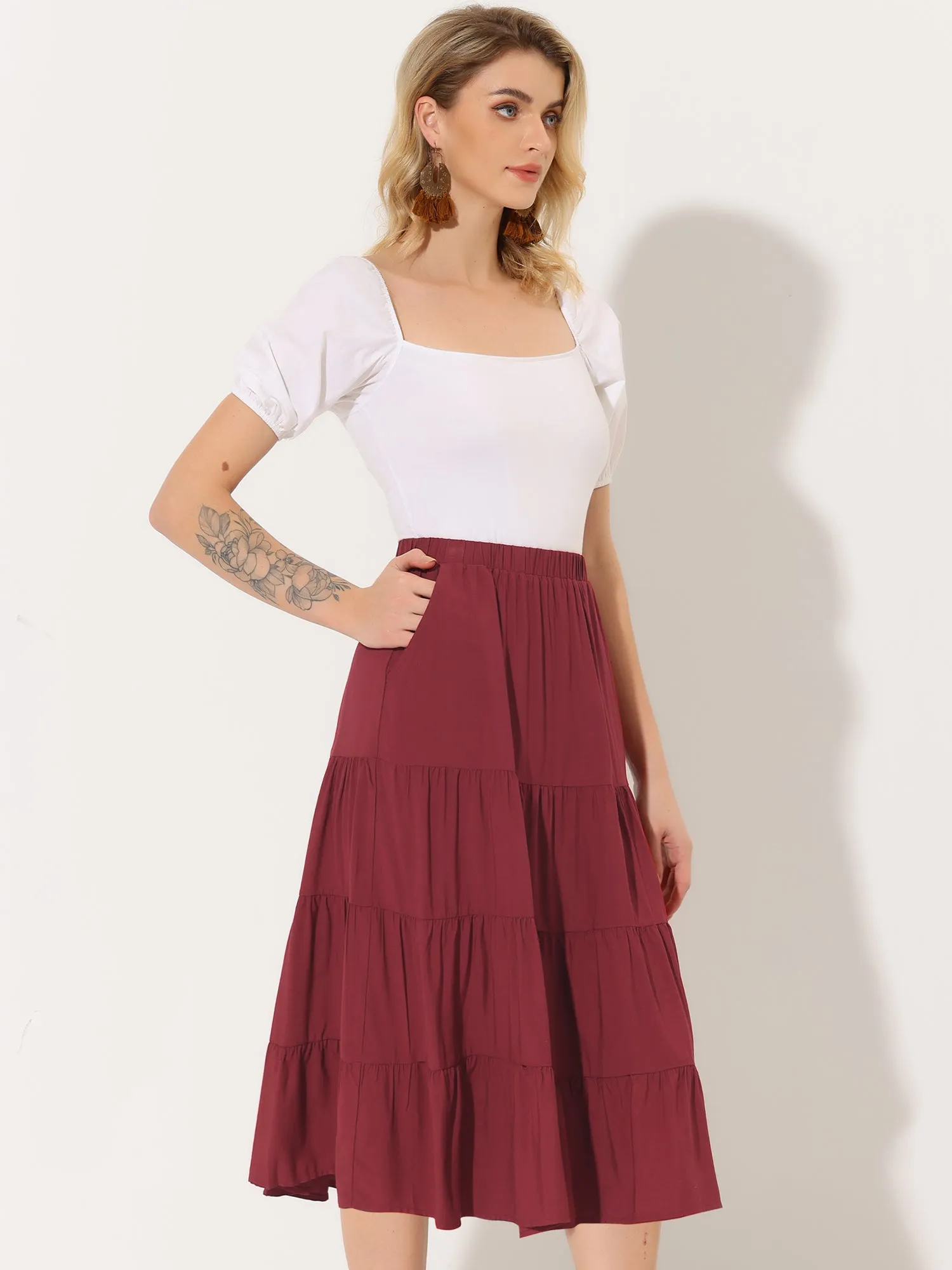 Midi Solid Elastic Waist Flare Tiered Long Pockets A-Line Skirt