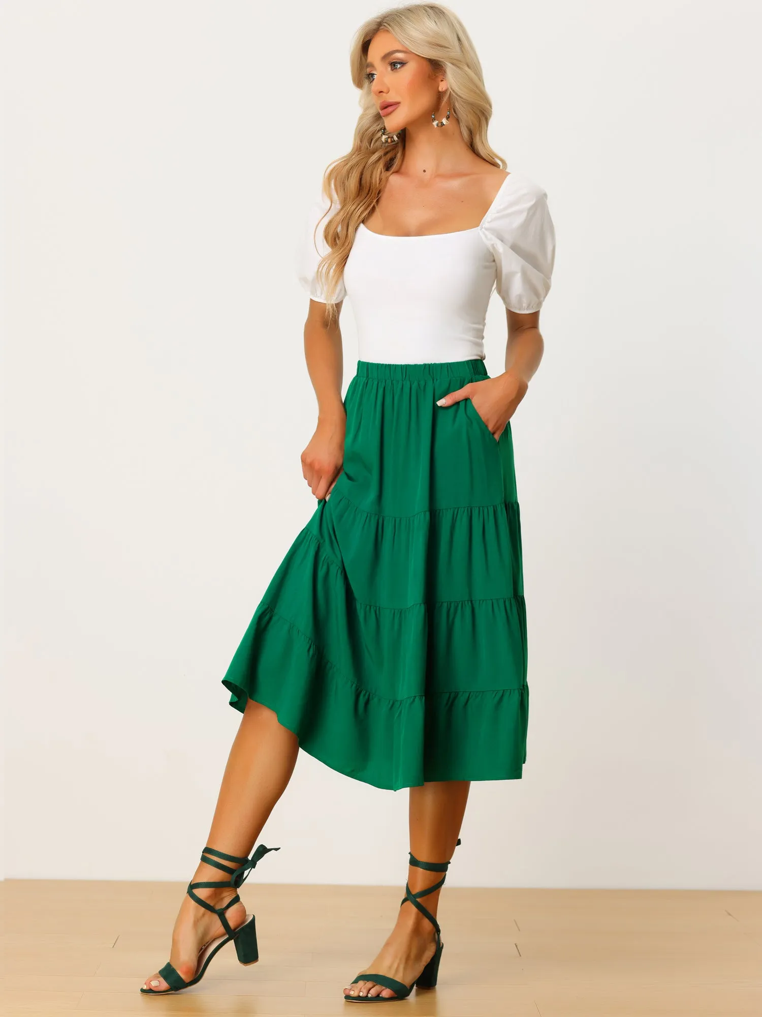 Midi Solid Elastic Waist Flare Tiered Long Pockets A-Line Skirt