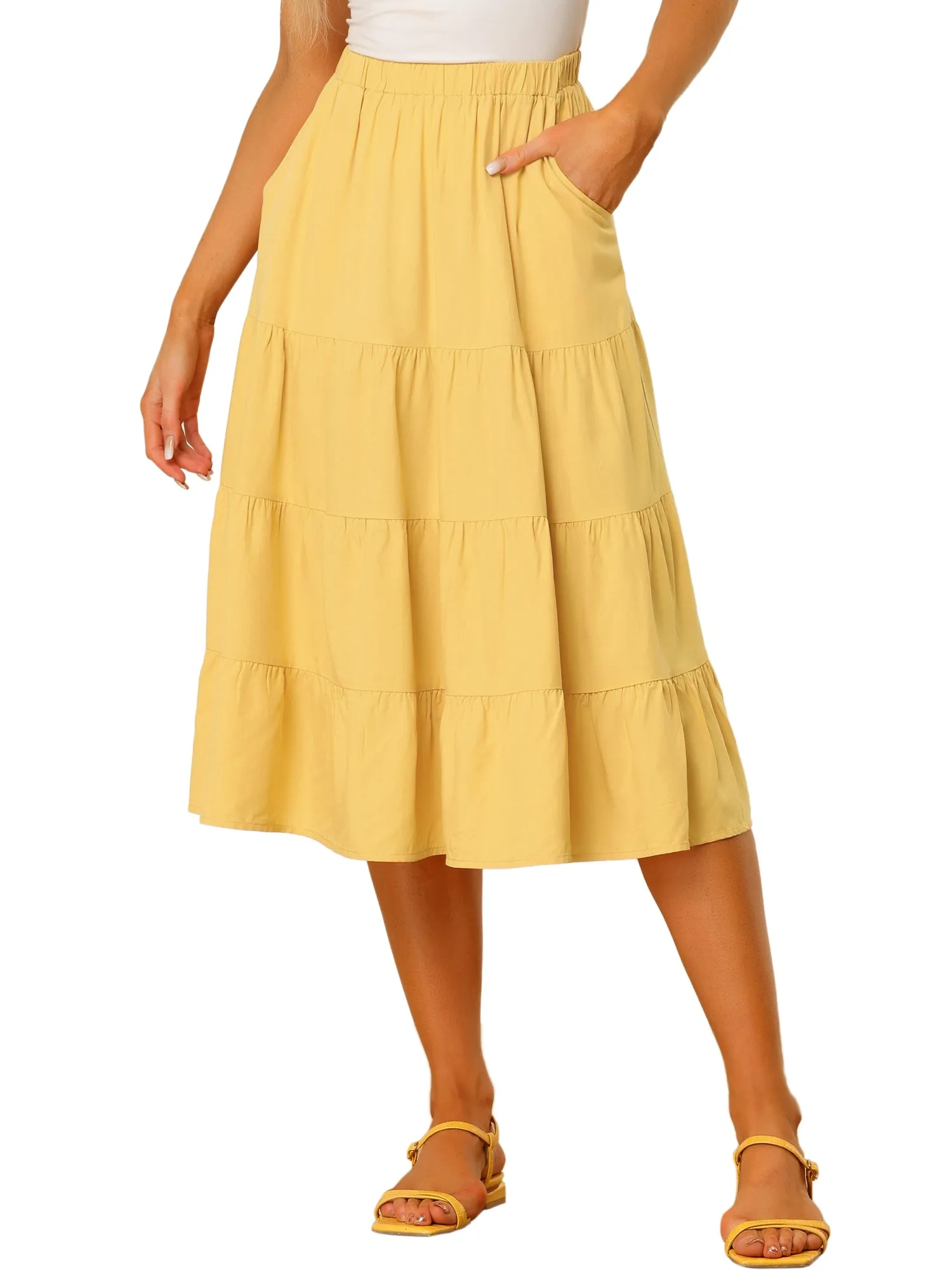 Midi Solid Elastic Waist Flare Tiered Long Pockets A-Line Skirt