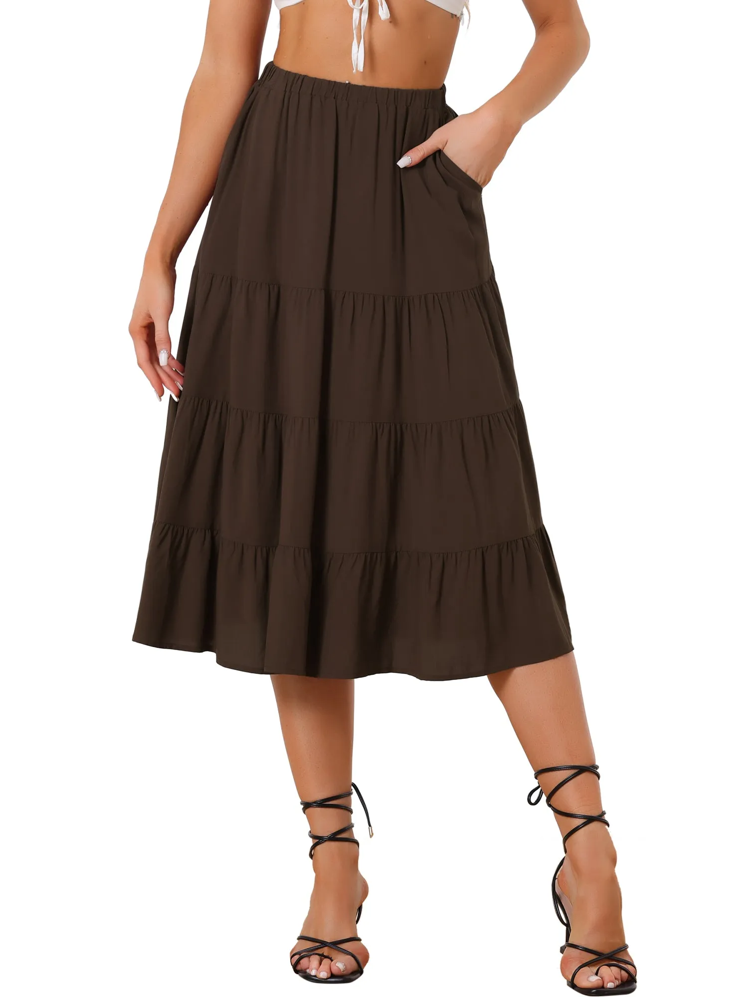 Midi Solid Elastic Waist Flare Tiered Long Pockets A-Line Skirt