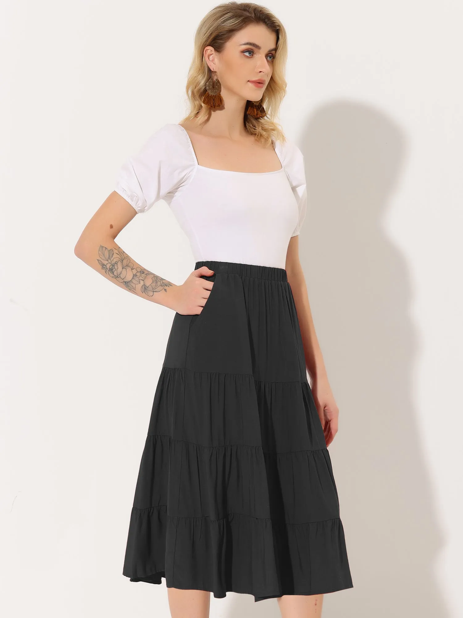 Midi Solid Elastic Waist Flare Tiered Long Pockets A-Line Skirt