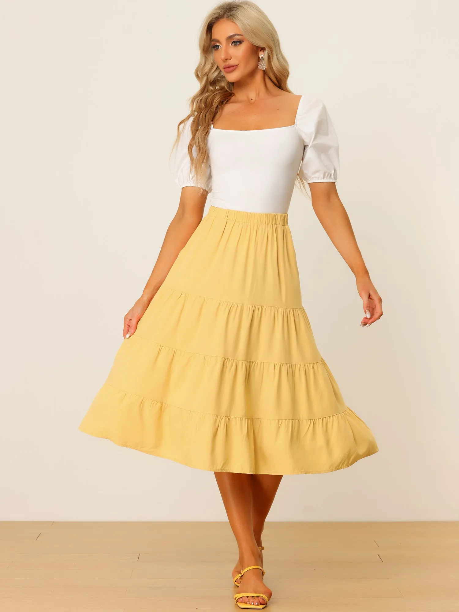 Midi Solid Elastic Waist Flare Tiered Long Pockets A-Line Skirt