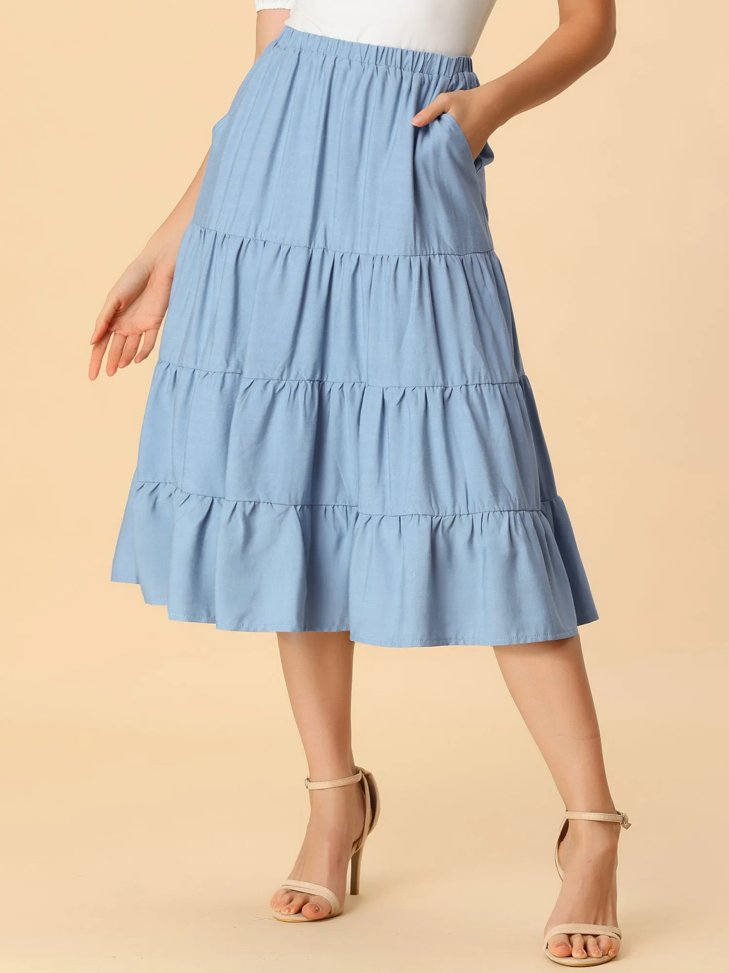 Midi Solid Elastic Waist Flare Tiered Long Pockets A-Line Skirt