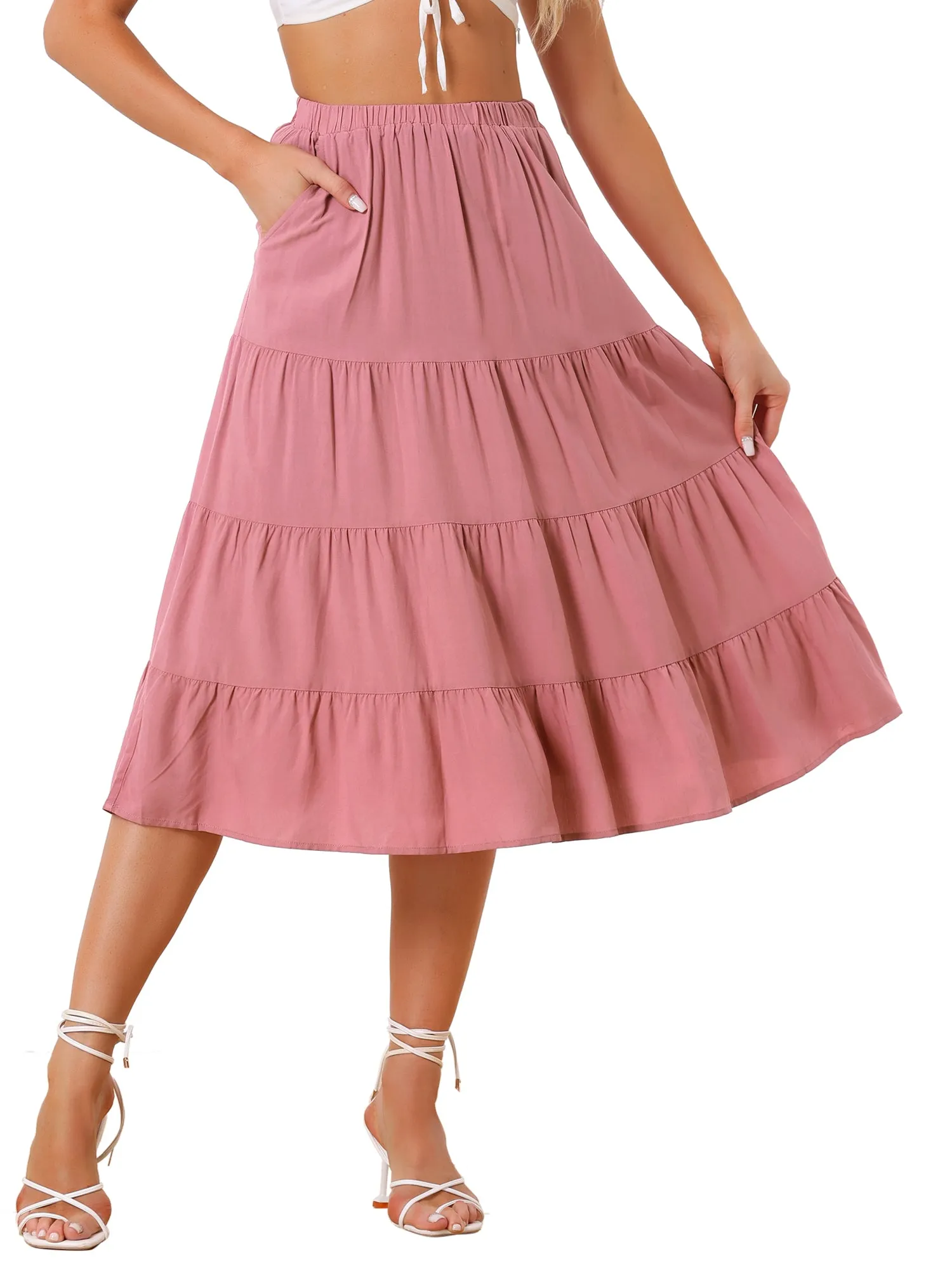 Midi Solid Elastic Waist Flare Tiered Long Pockets A-Line Skirt