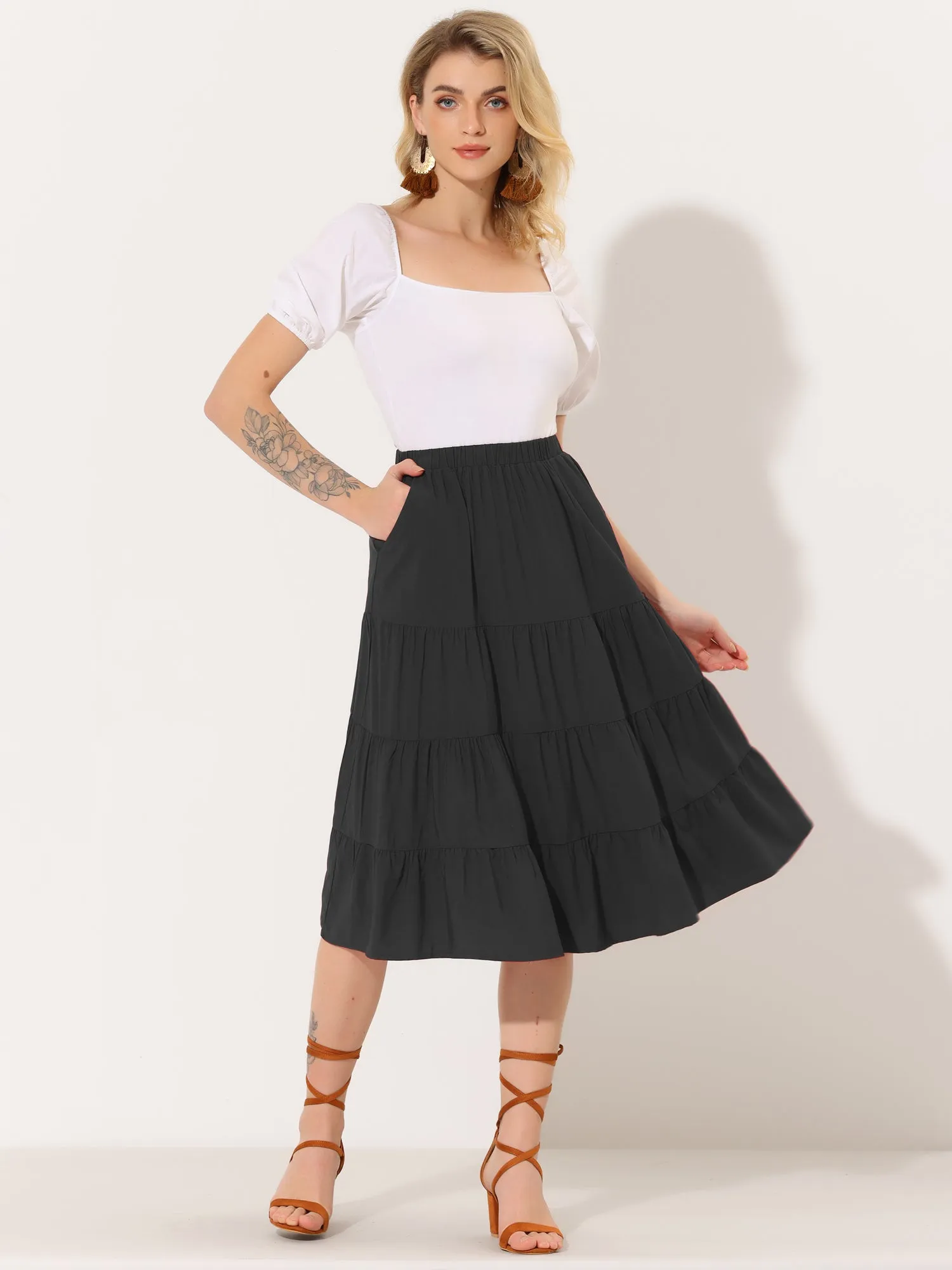 Midi Solid Elastic Waist Flare Tiered Long Pockets A-Line Skirt