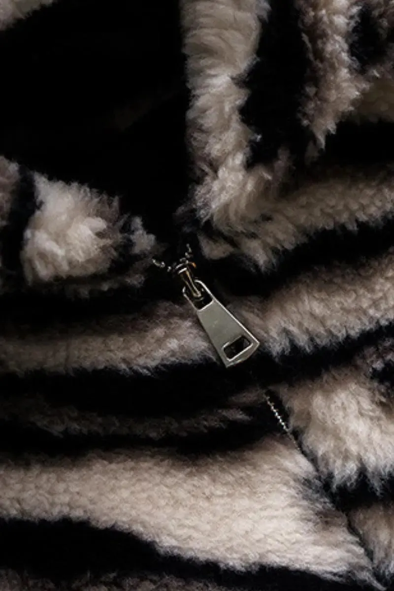 Oversized Zebra Print Genuine Wool Shearling Jacket with Hood