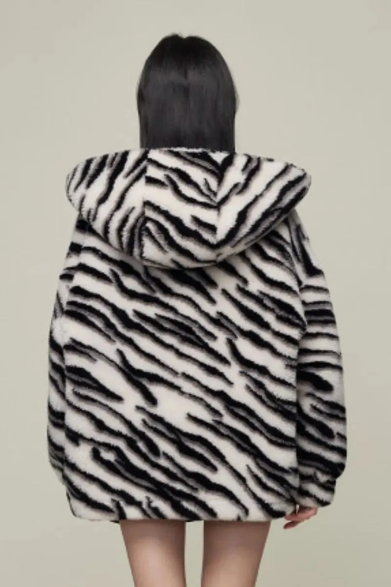 Oversized Zebra Print Genuine Wool Shearling Jacket with Hood