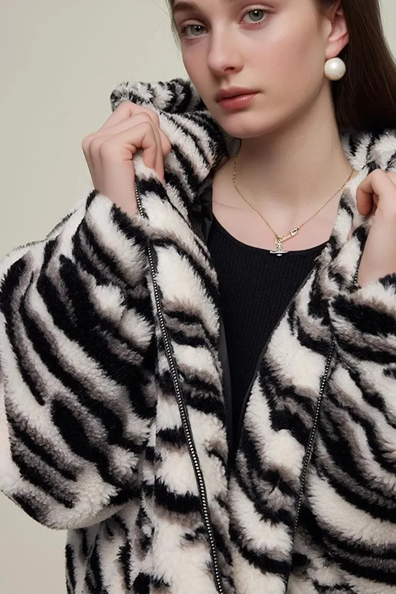Oversized Zebra Print Genuine Wool Shearling Jacket with Hood
