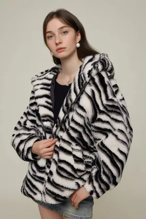 Oversized Zebra Print Genuine Wool Shearling Jacket with Hood