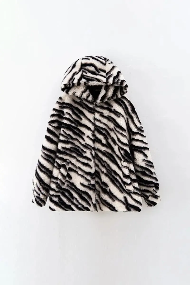 Oversized Zebra Print Genuine Wool Shearling Jacket with Hood