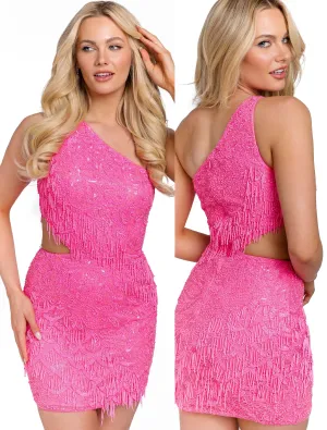Primavera Couture 3836 Size 6 Neon Pink Homecoming Dress Fitted Sequin Cocktail Dress