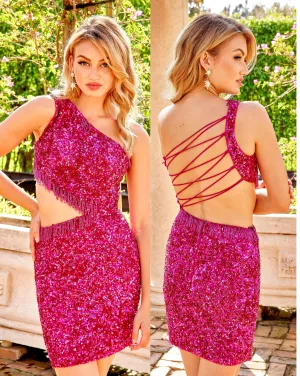 Primavera Couture 4015 One Shoulder Homecoming Dress Cut Out Bodice With Beaded Tassels Cocktail Dress