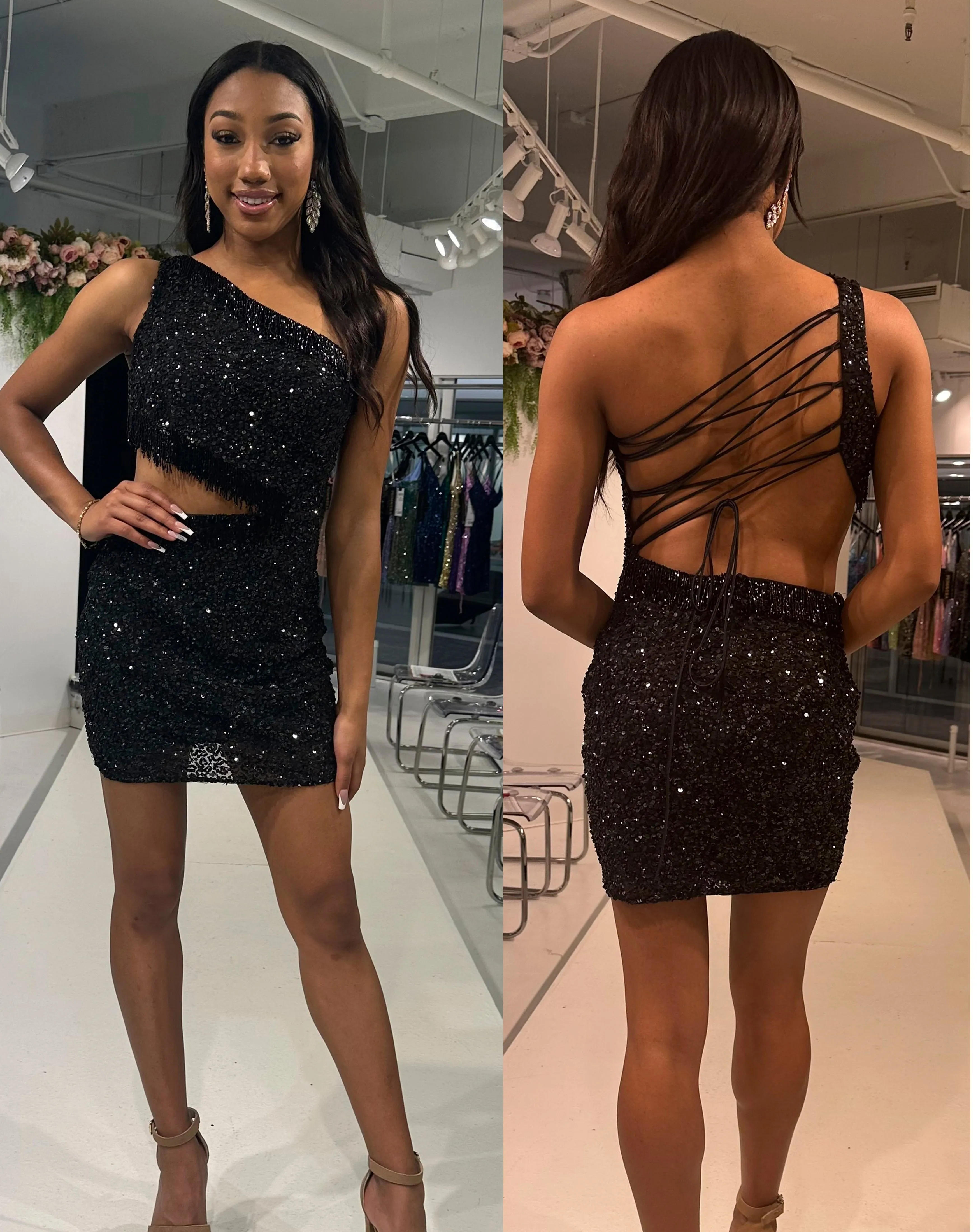 Primavera Couture 4015 One Shoulder Homecoming Dress Cut Out Bodice With Beaded Tassels Cocktail Dress
