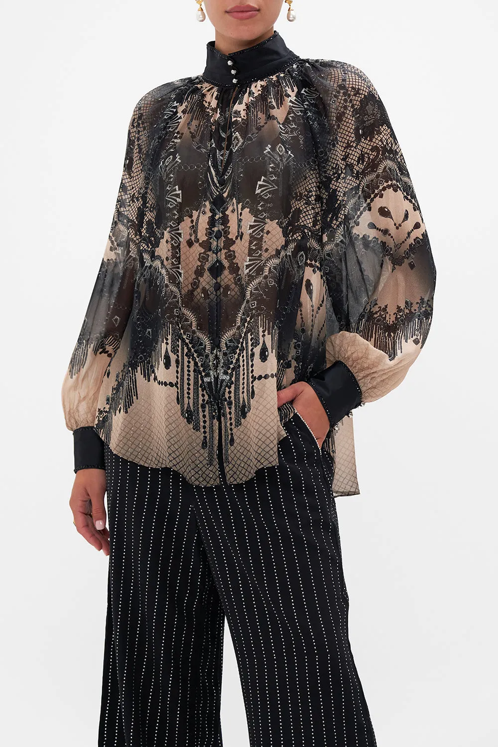 RAGLAN BUTTON UP SHIRT CURTAIN CALL CHAOS