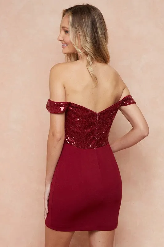 Red Off The Shoulder Sequin Top Mini Dress