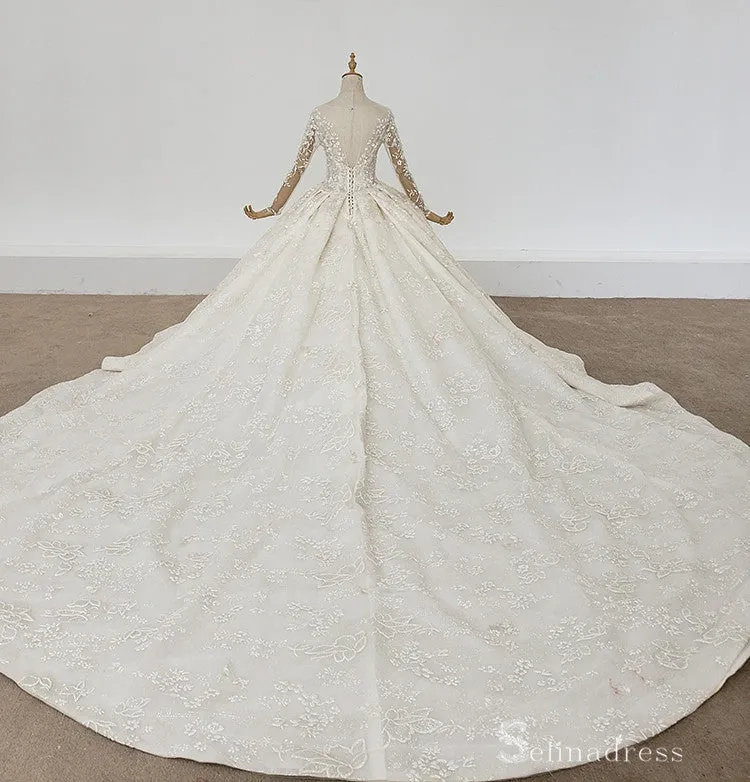 Selinadress Scoop Dream luxury White Wedding Dress Long Sleeve Wedding Gowns CB006