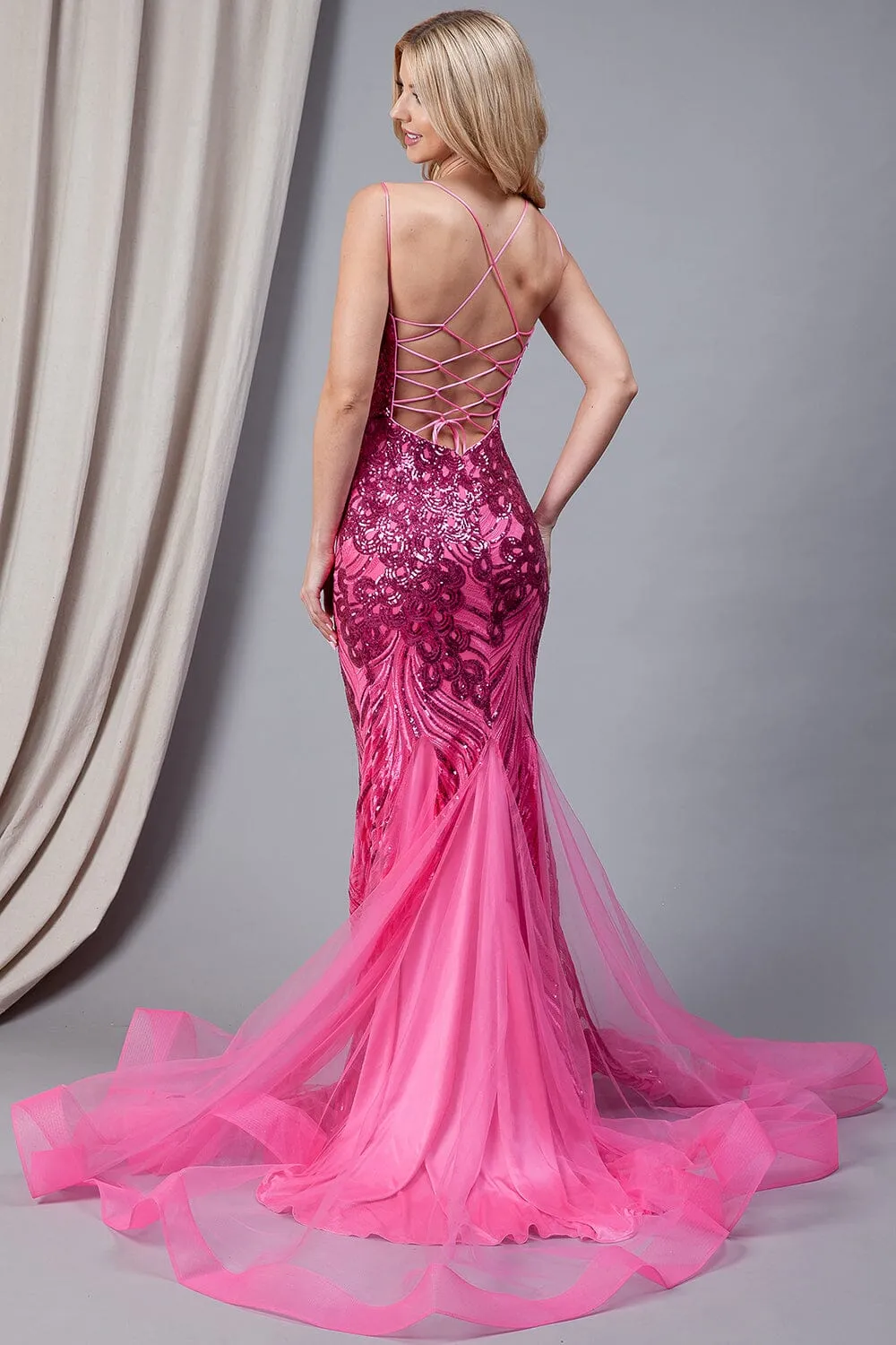 Sequin Print V-Neck Mermaid Gown by Amelia Couture 7021
