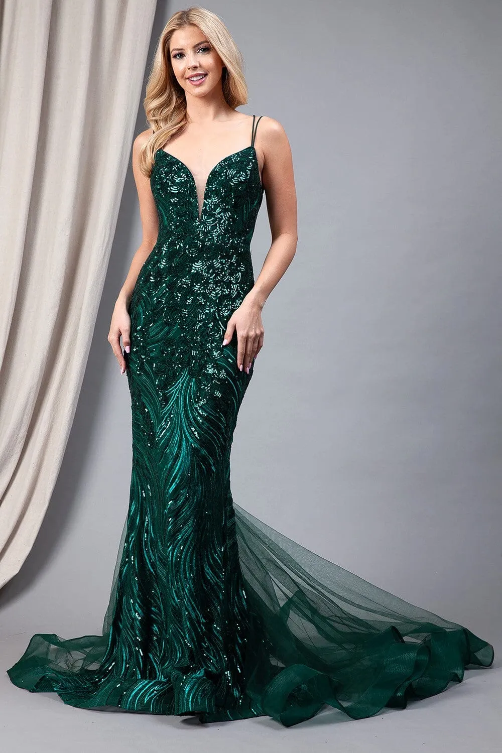 Sequin Print V-Neck Mermaid Gown by Amelia Couture 7021