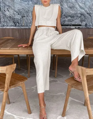 Solid-color Cotton Linen Round Neck Sleeveless Two-Piece Set