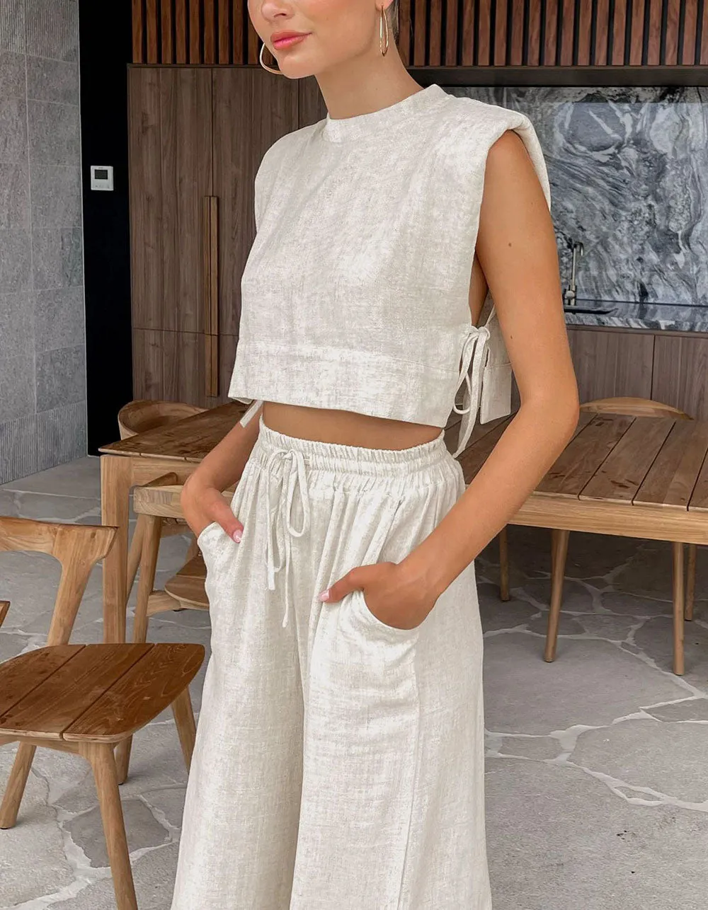 Solid-color Cotton Linen Round Neck Sleeveless Two-Piece Set