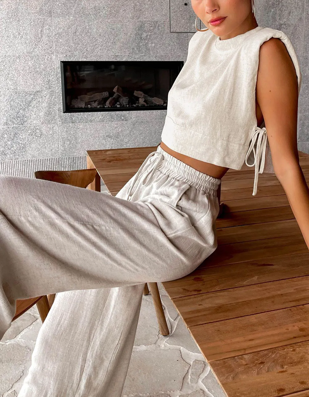 Solid-color Cotton Linen Round Neck Sleeveless Two-Piece Set