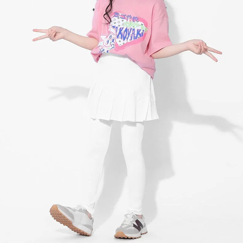 Solid Color Pleated S/S Skirt Leggings