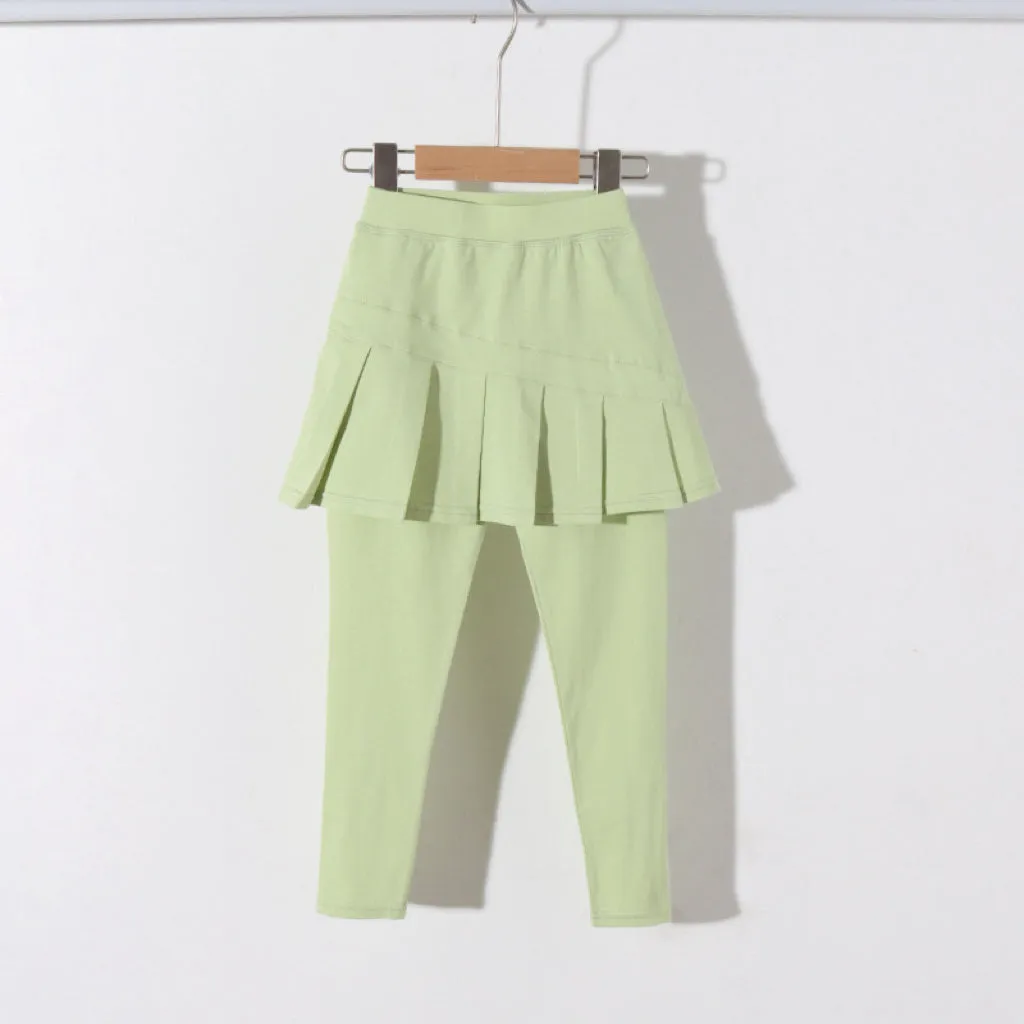 Solid Color Pleated S/S Skirt Leggings
